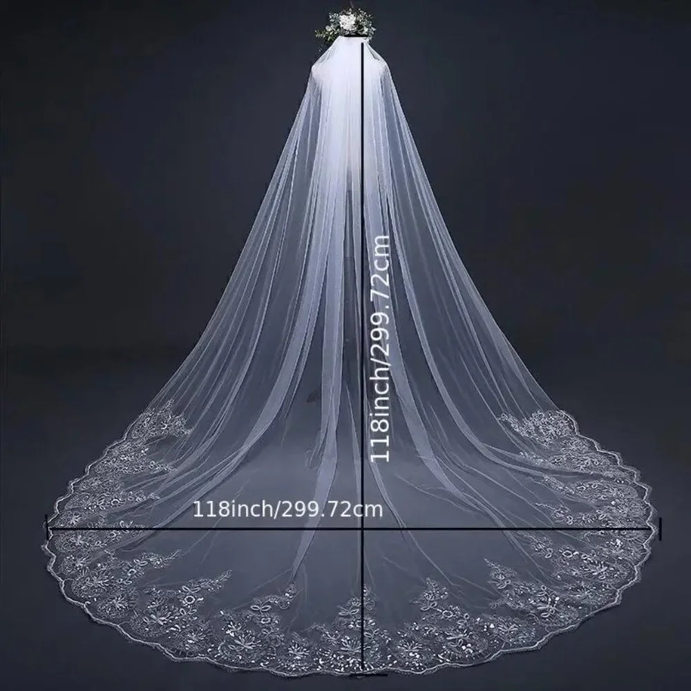 Floral and Sequin Cathedral Bridal Wedding Veil With Comb Ivory Veil White Veil